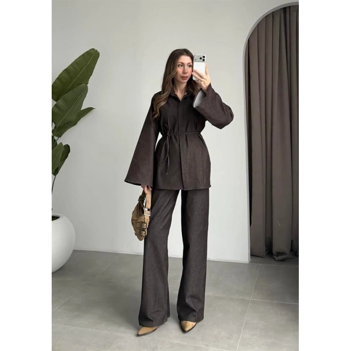 Yarasa Kol Kuşaklı Denim Kahve Takım