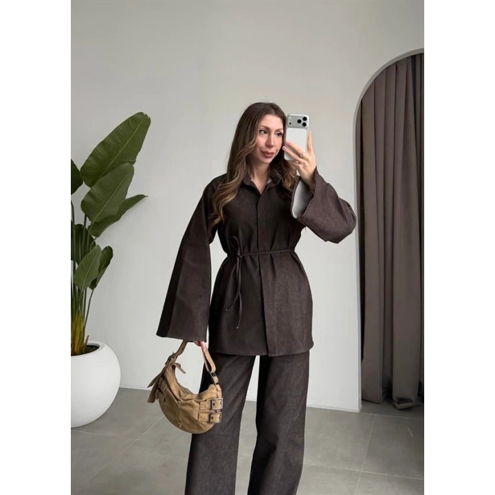 Yarasa Kol Kuşaklı Denim Kahve Takım