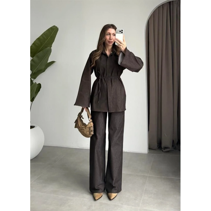 Yarasa Kol Kuşaklı Denim Kahve Takım