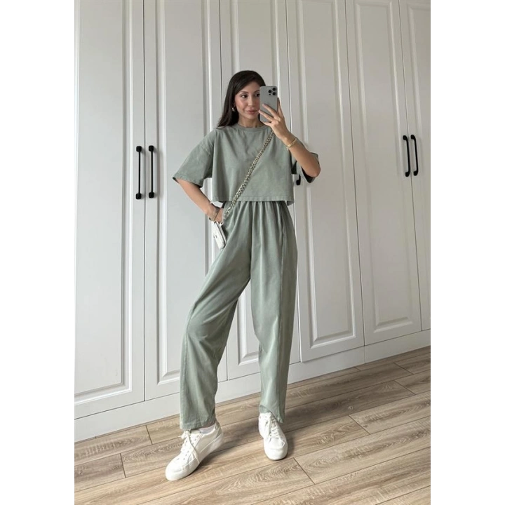 Yıkamalı Crop Haki Şalvar Takım