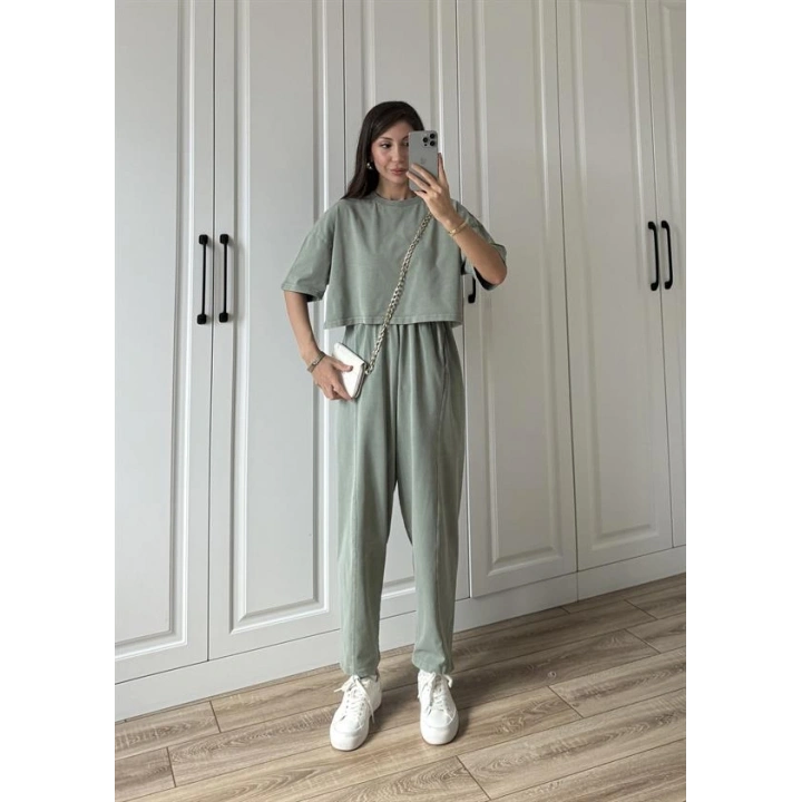 Yıkamalı Crop Haki Şalvar Takım