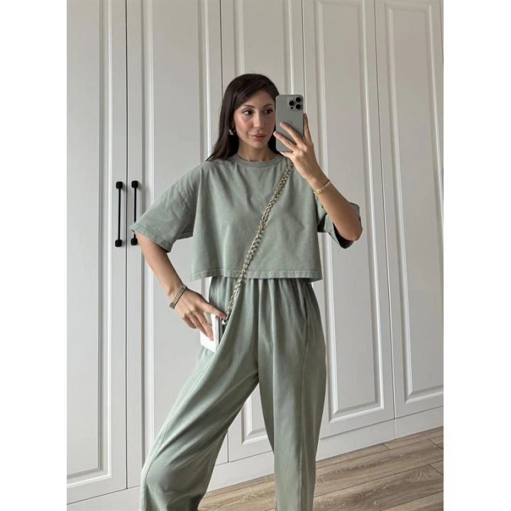 Yıkamalı Crop Haki Şalvar Takım