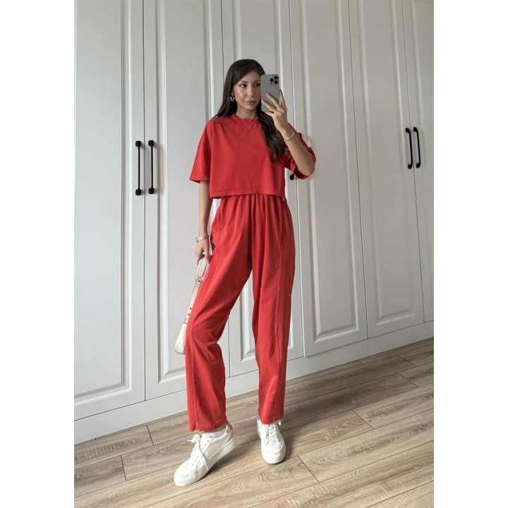 Yıkamalı Crop Kırmızı Şalvar Takım