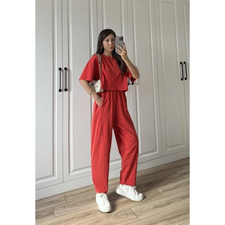 Yıkamalı Crop Kırmızı Şalvar Takım