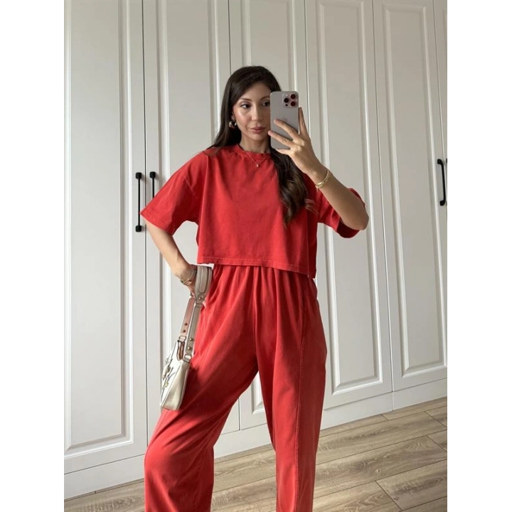 Yıkamalı Crop Kırmızı Şalvar Takım