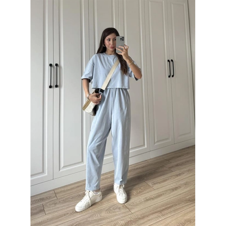 Yıkamalı Crop Mavi Şalvar Takım