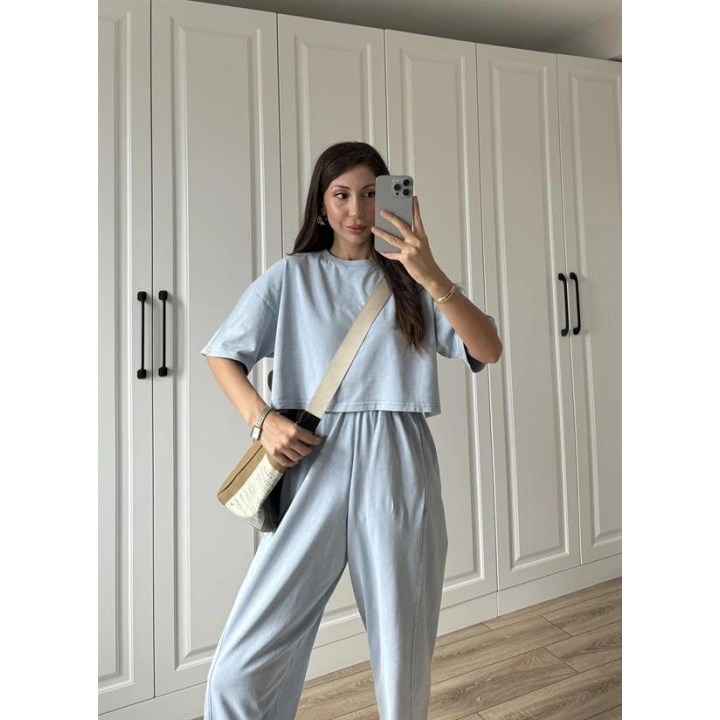 Yıkamalı Crop Mavi Şalvar Takım