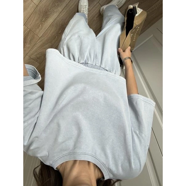 Yıkamalı Crop Mavi Şalvar Takım