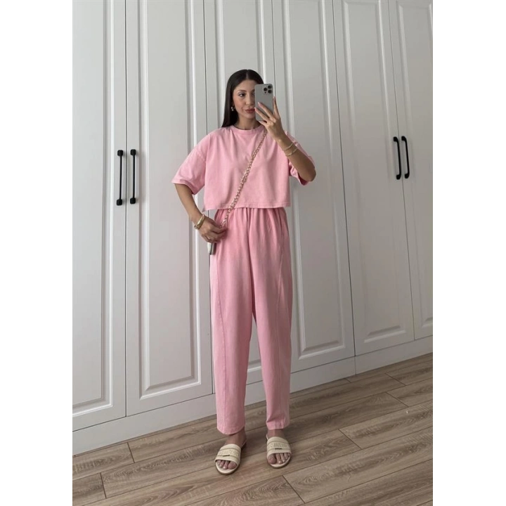 Yıkamalı Crop Şeker Pembesi Şalvar Takım