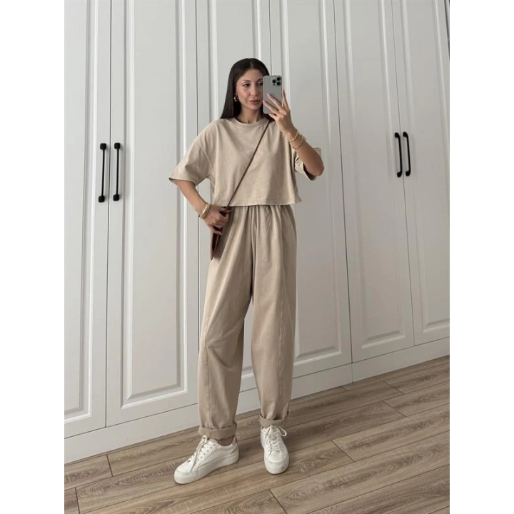 Yıkamalı Crop Taş Şalvar Takım