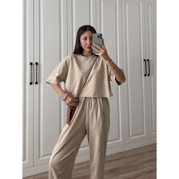 Yıkamalı Crop Taş Şalvar Takım