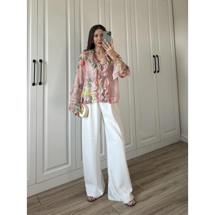 Zr Model Çiçek Desenli Fırfırlı Gömlek Bluz