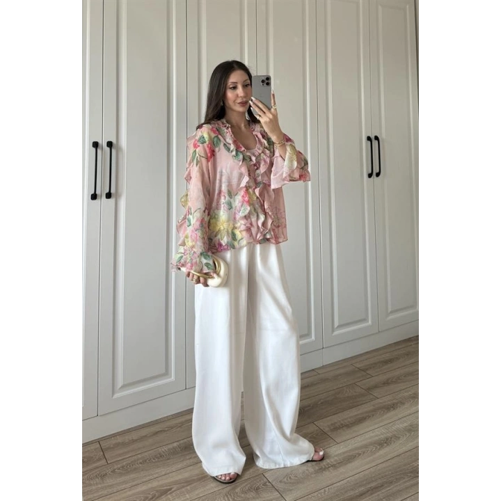 Zr Model Çiçek Desenli Fırfırlı Gömlek Bluz