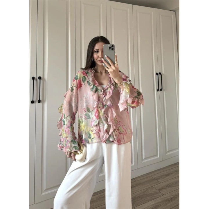 Zr Model Çiçek Desenli Fırfırlı Gömlek Bluz
