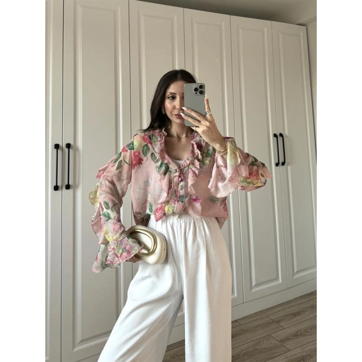 Zr Model Çiçek Desenli Fırfırlı Gömlek Bluz