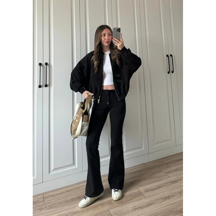 Zr Model İspanyol Paça Siyah Eşofman Takımı