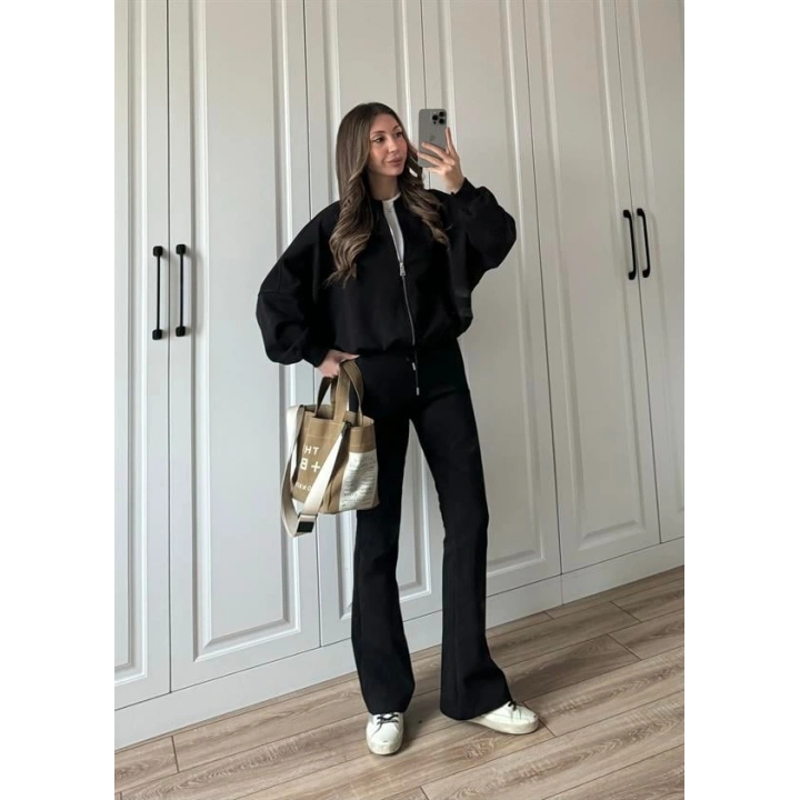 Zr Model İspanyol Paça Siyah Eşofman Takımı