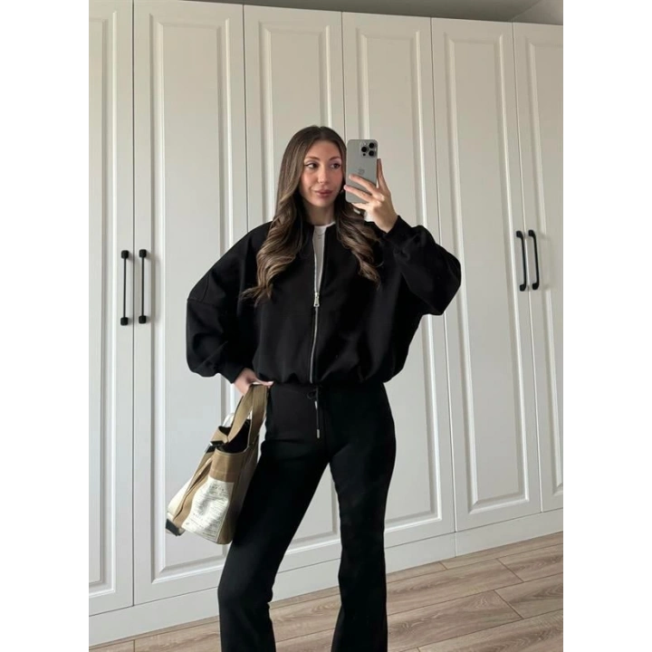 Zr Model İspanyol Paça Siyah Eşofman Takımı