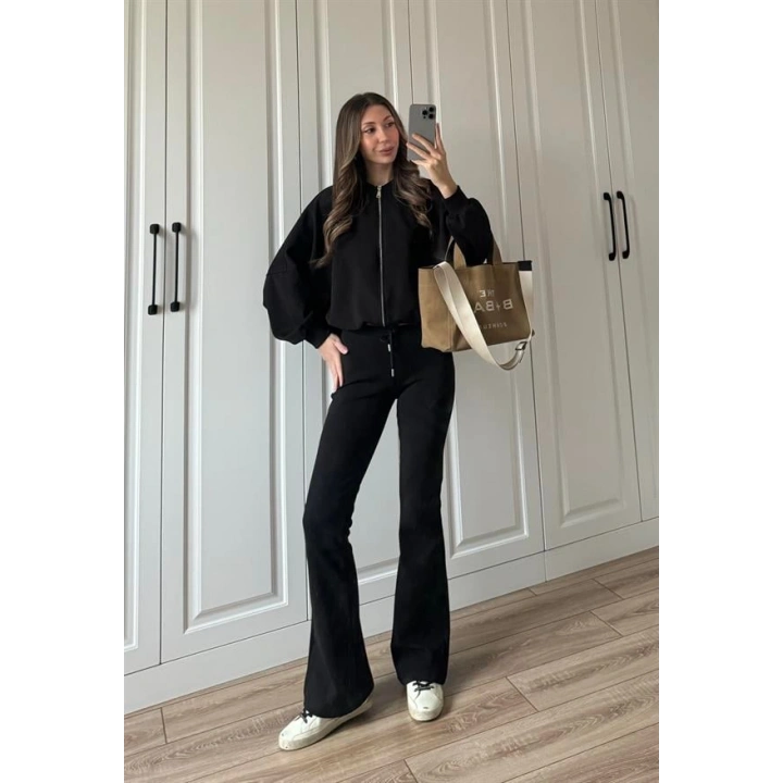 Zr Model İspanyol Paça Siyah Eşofman Takımı