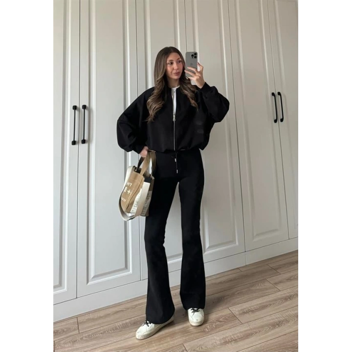 Zr Model İspanyol Paça Siyah Eşofman Takımı