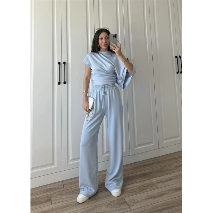 Zr Model Modal Kumaş Tek Kol Yarasa Bebe Mavi Büzgülü Takım