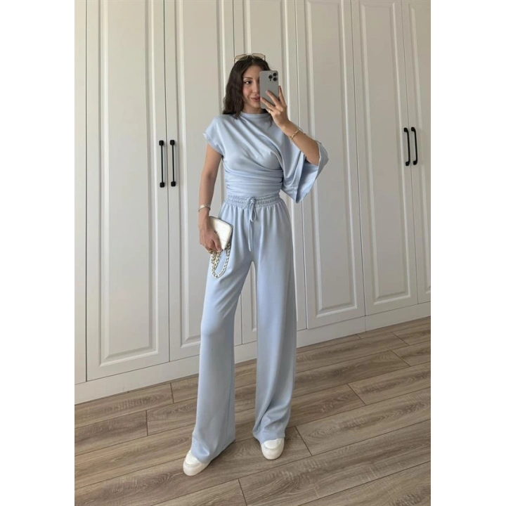 Zr Model Modal Kumaş Tek Kol Yarasa Bebe Mavi Büzgülü Takım