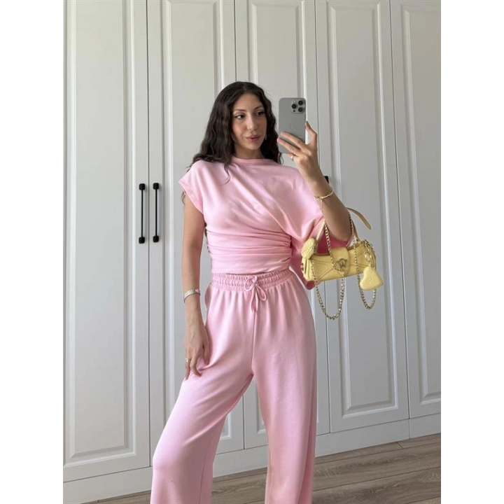 Zr Model Modal Kumaş Tek Kol Yarasa Pembe Büzgülü Takım