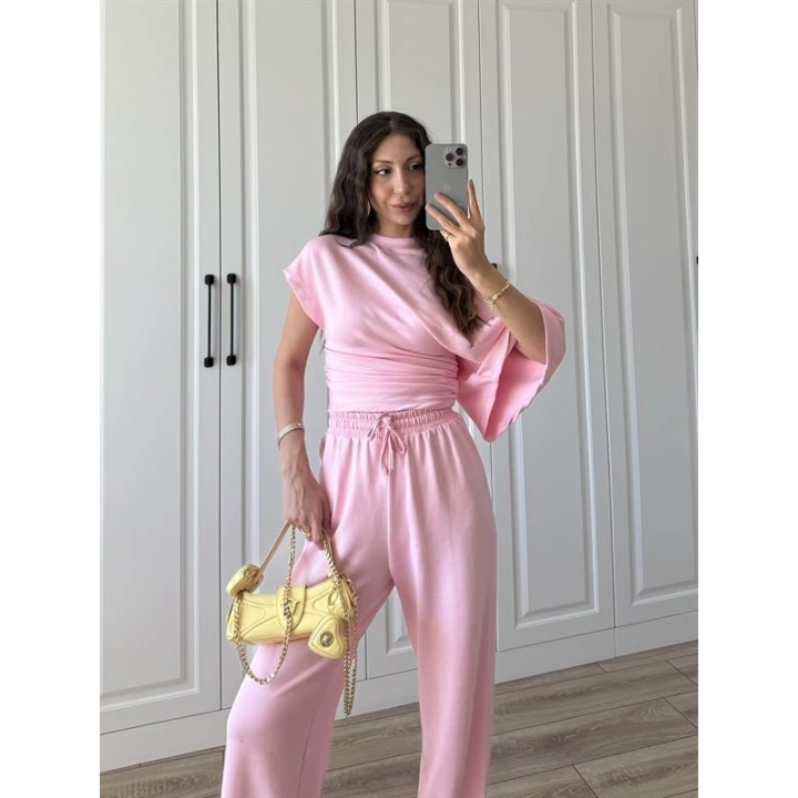 Zr Model Modal Kumaş Tek Kol Yarasa Pembe Büzgülü Takım