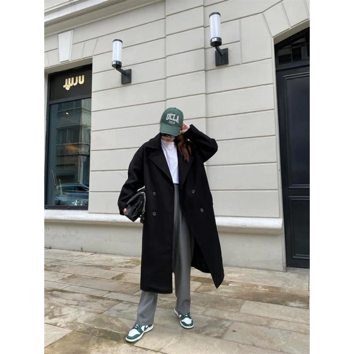 Zr Model Oversize Siyah Kaşe Kaban