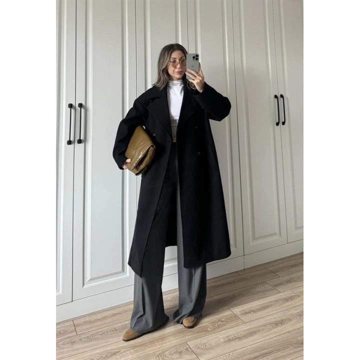 Zr Model Oversize Siyah Kaşe Kaban