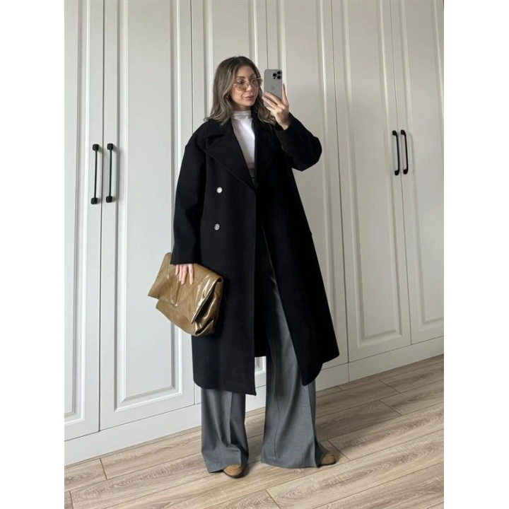 Zr Model Oversize Siyah Kaşe Kaban