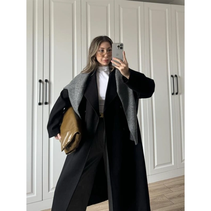 Zr Model Oversize Siyah Kaşe Kaban