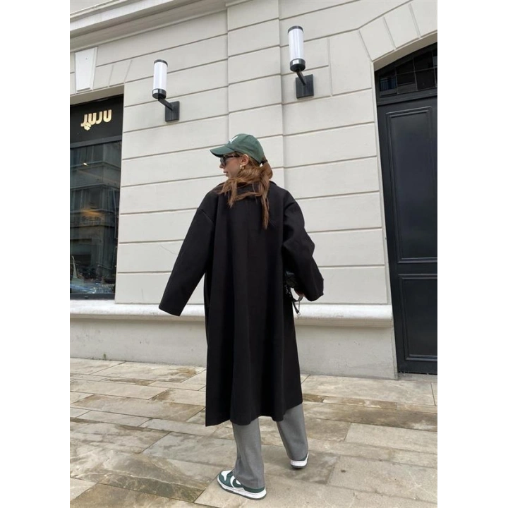 Zr Model Oversize Siyah Kaşe Kaban