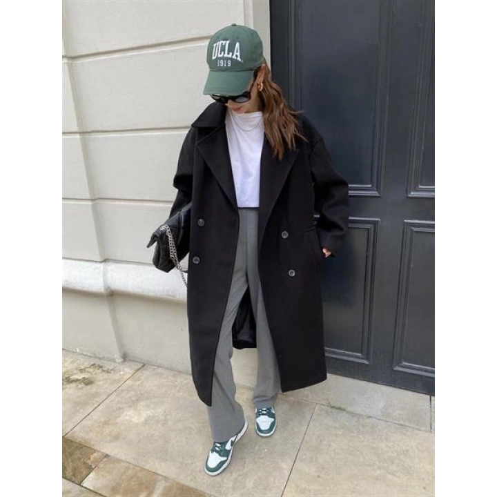 Zr Model Oversize Siyah Kaşe Kaban