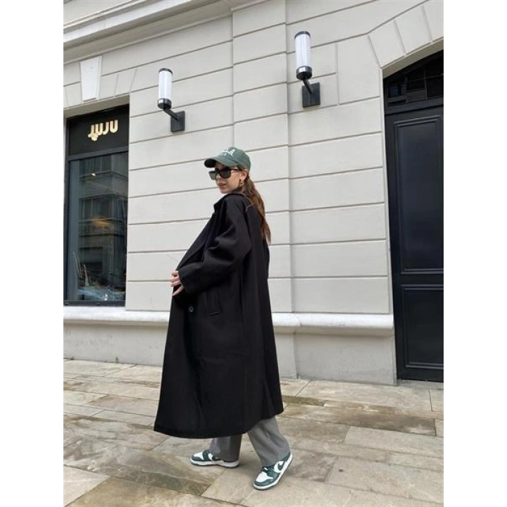 Zr Model Oversize Siyah Kaşe Kaban