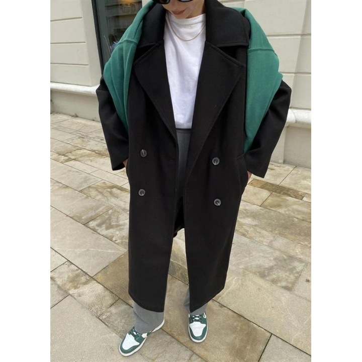 Zr Model Oversize Siyah Kaşe Kaban