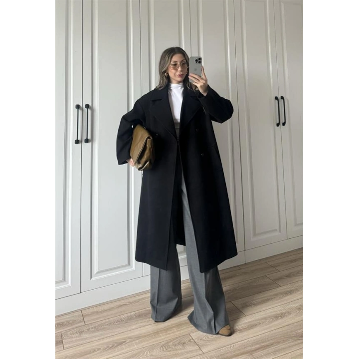 Zr Model Oversize Siyah Kaşe Kaban