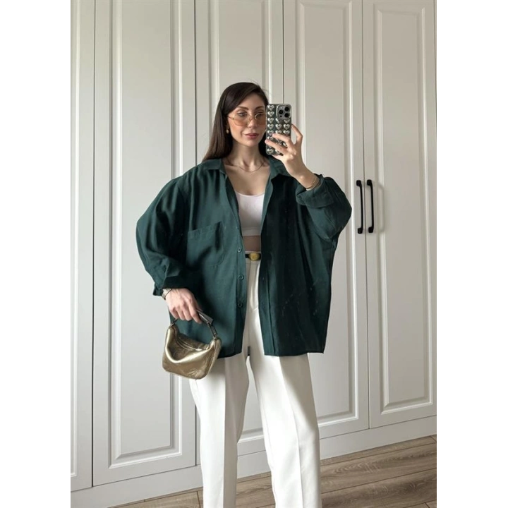 Zümrüt Yeşilİ Oversize Tensel Gömlek
