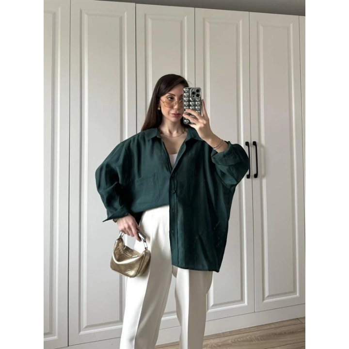 Zümrüt Yeşilİ Oversize Tensel Gömlek