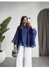 Uçuşan Pelerin Lacivert Tül Bluz