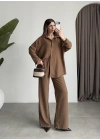 Keten Oversize Camel Gömlek Takım
