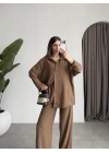 Keten Oversize Camel Gömlek Takım