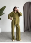 Keten Oversize Yağ Yeşili Gömlek Takım