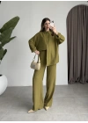 Keten Oversize Yağ Yeşili Gömlek Takım
