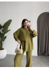 Keten Oversize Yağ Yeşili Gömlek Takım