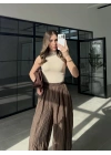 Kırışık Kumaş Kahve Şalvar Pantolon