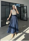 Beli Lastikli Lacivert Tensel Kırışık Etek