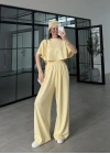 Oysh Modal Kumaş Beli Lastikli Sarı Crop Takım