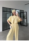 Oysh Modal Kumaş Beli Lastikli Sarı Crop Takım