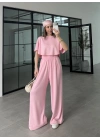 Oysh Modal Kumaş Beli Lastikli Pembe Crop Takım